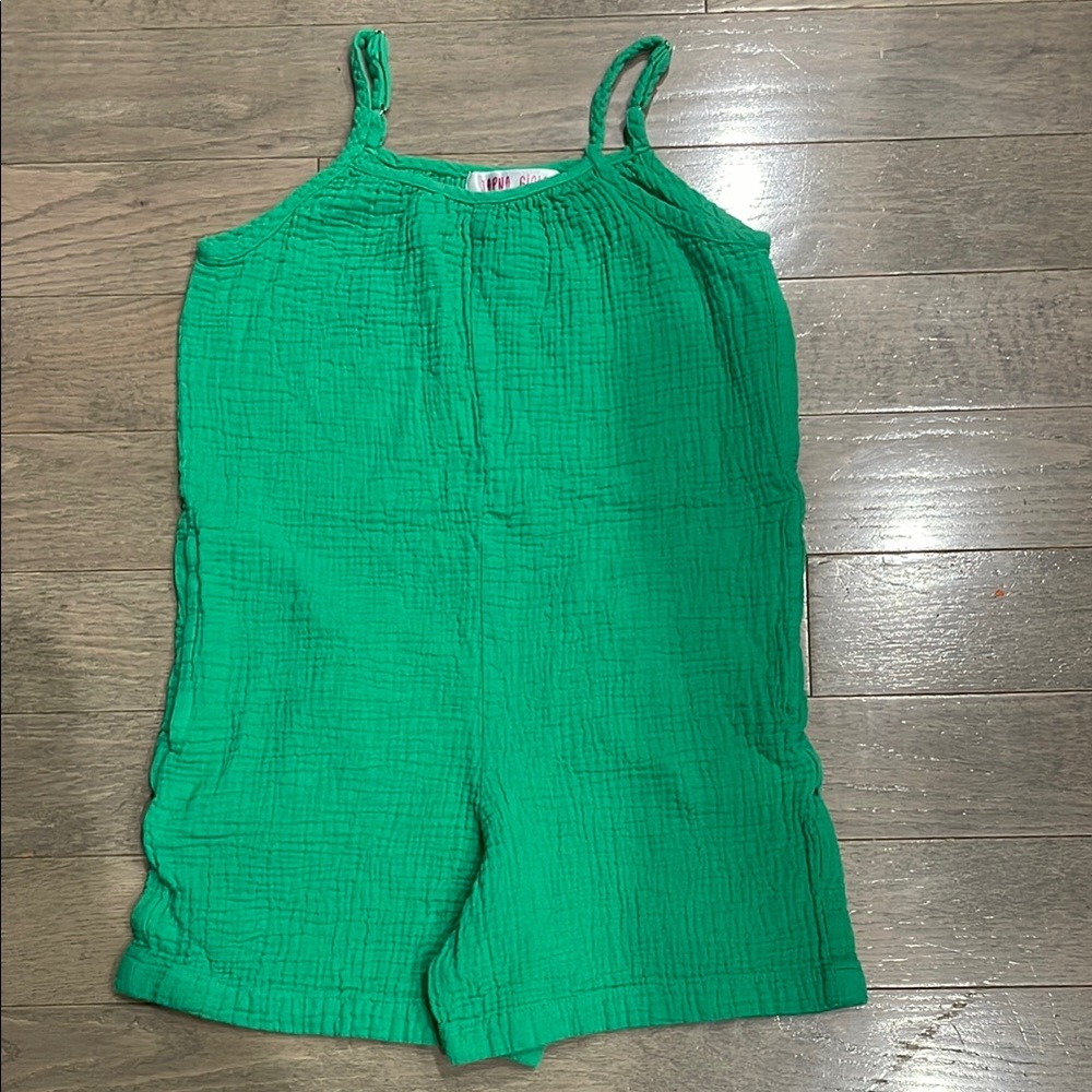 Japna Girls Bright Green Cotton Romper Adjustable Straps Pockets 8